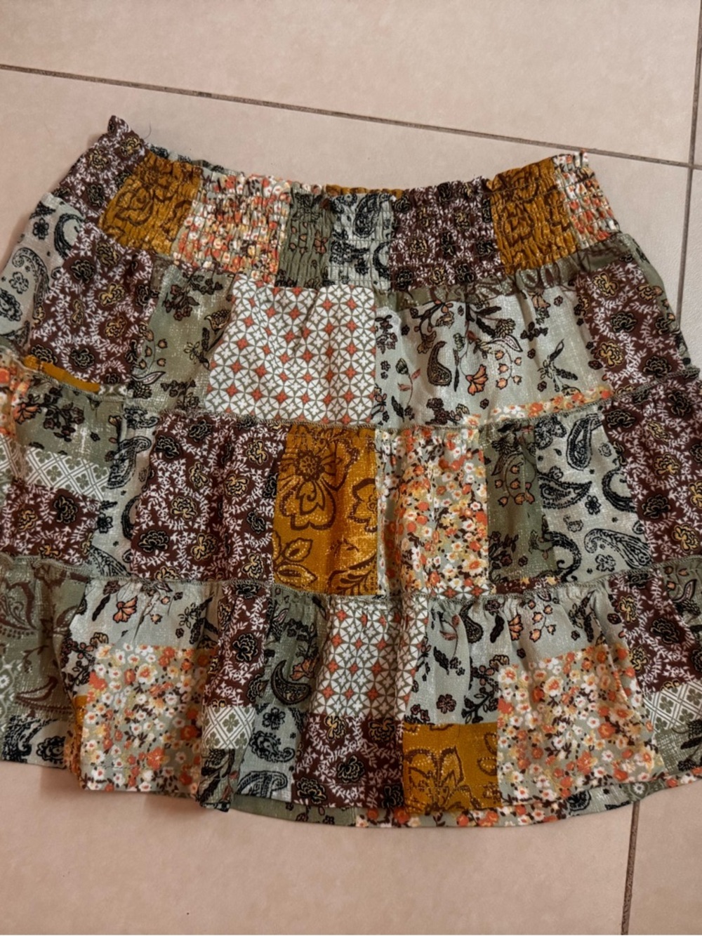 Joe Benbasset Patchwork Floral Paisley Mini Skirt in Olive, Mustard & Brown